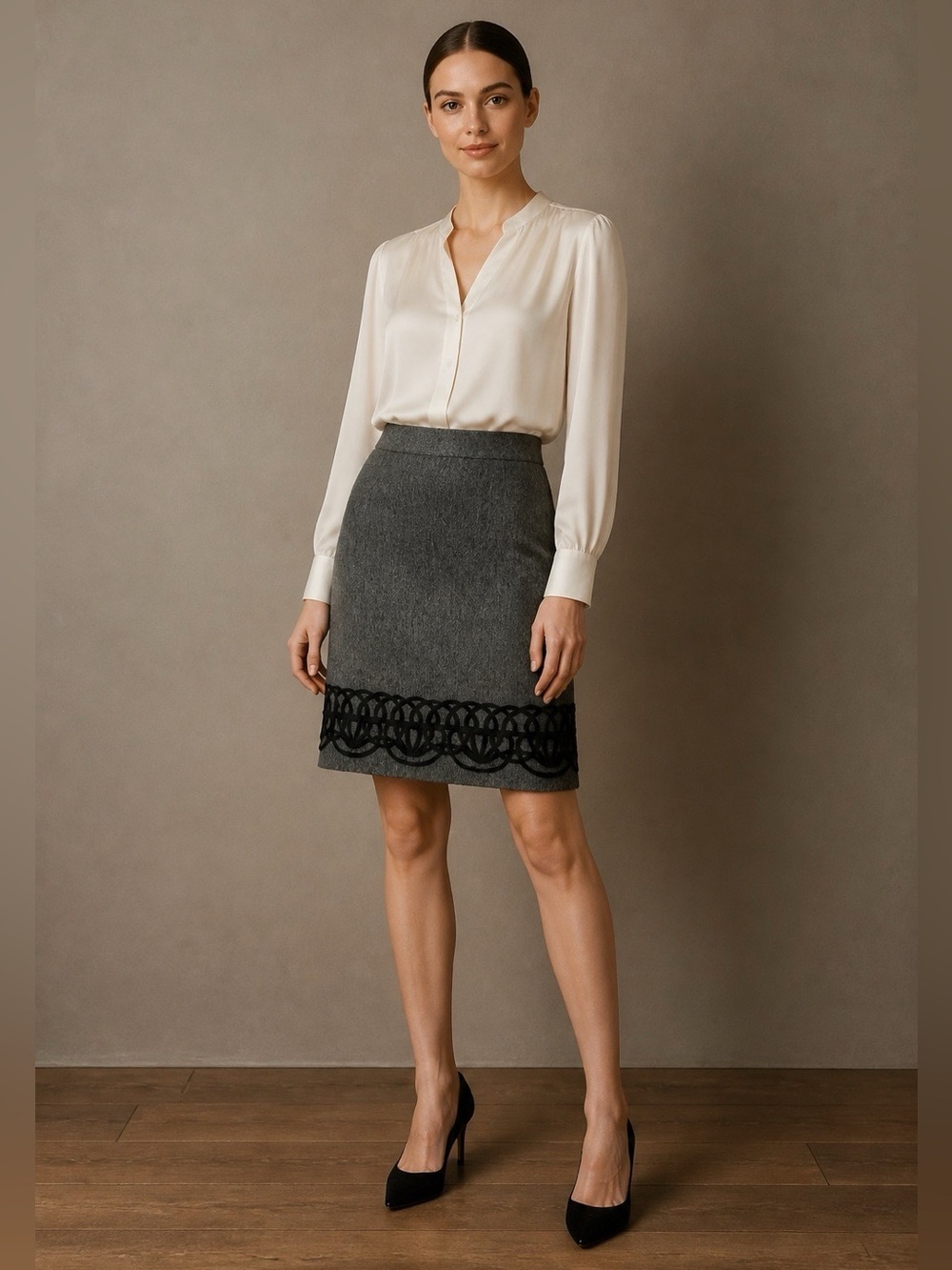 Ann Taylor Loft Embroidered Charcoal Gray Skirt Size 8